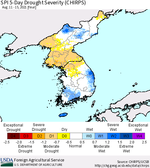 Korea SPI 5-Day Drought Severity (CHIRPS) Thematic Map For 8/11/2021 - 8/15/2021