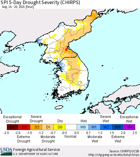 Korea SPI 5-Day Drought Severity (CHIRPS) Thematic Map For 8/16/2021 - 8/20/2021