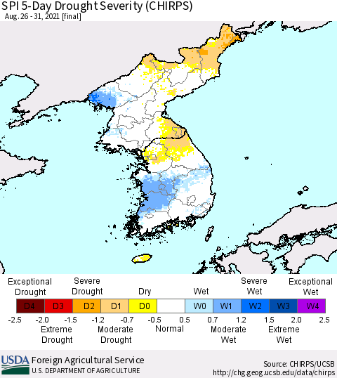 Korea SPI 5-Day Drought Severity (CHIRPS) Thematic Map For 8/26/2021 - 8/31/2021
