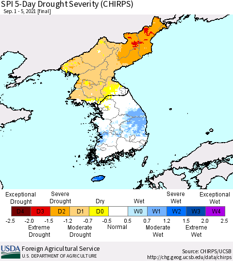 Korea SPI 5-Day Drought Severity (CHIRPS) Thematic Map For 9/1/2021 - 9/5/2021