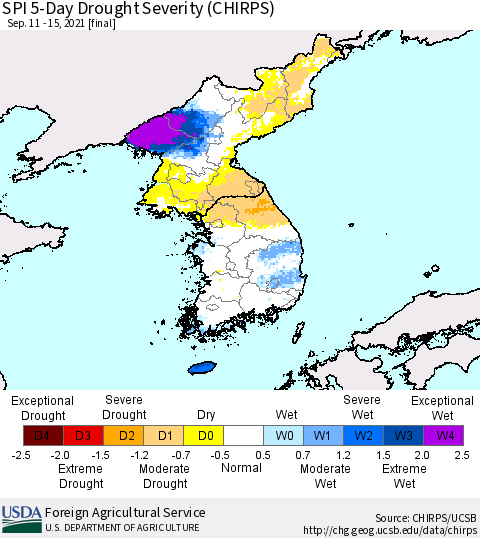 Korea SPI 5-Day Drought Severity (CHIRPS) Thematic Map For 9/11/2021 - 9/15/2021