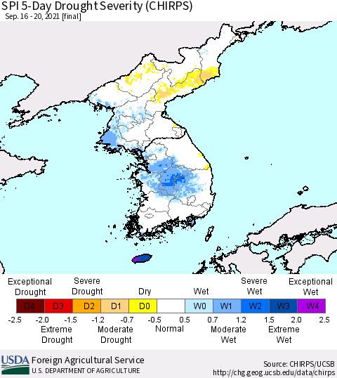 Korea SPI 5-Day Drought Severity (CHIRPS) Thematic Map For 9/16/2021 - 9/20/2021