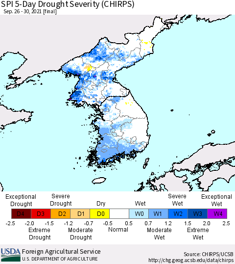 Korea SPI 5-Day Drought Severity (CHIRPS) Thematic Map For 9/26/2021 - 9/30/2021