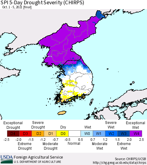 Korea SPI 5-Day Drought Severity (CHIRPS) Thematic Map For 10/1/2021 - 10/5/2021