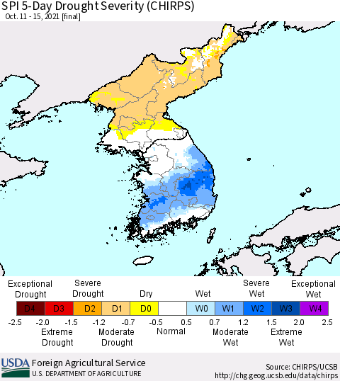 Korea SPI 5-Day Drought Severity (CHIRPS) Thematic Map For 10/11/2021 - 10/15/2021