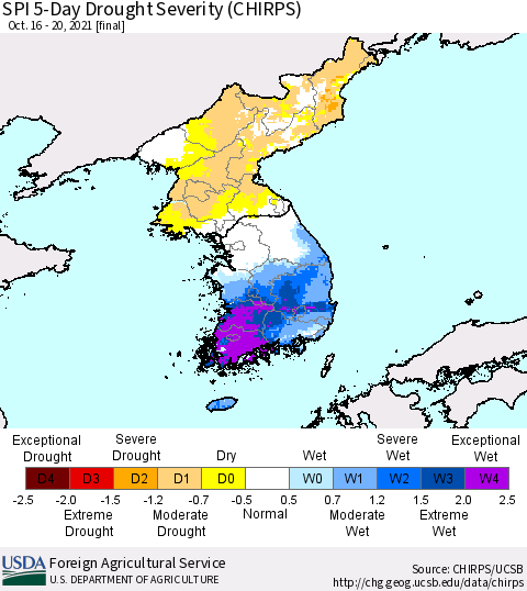 Korea SPI 5-Day Drought Severity (CHIRPS) Thematic Map For 10/16/2021 - 10/20/2021
