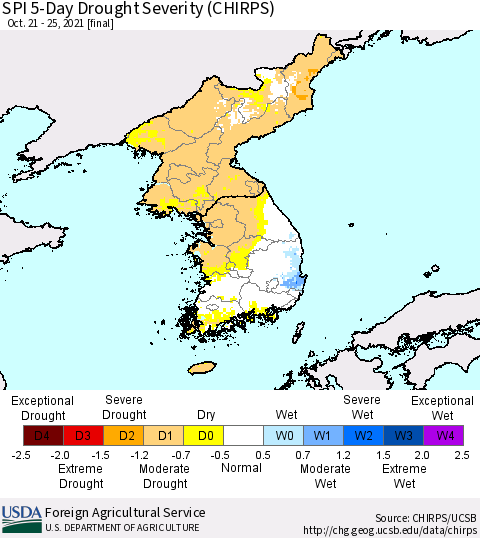 Korea SPI 5-Day Drought Severity (CHIRPS) Thematic Map For 10/21/2021 - 10/25/2021
