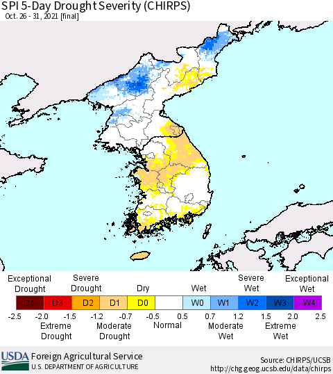 Korea SPI 5-Day Drought Severity (CHIRPS) Thematic Map For 10/26/2021 - 10/31/2021