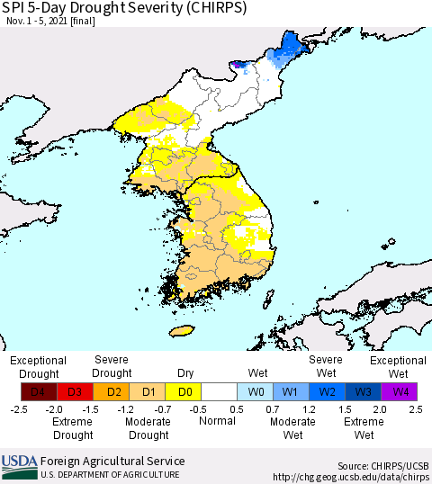 Korea SPI 5-Day Drought Severity (CHIRPS) Thematic Map For 11/1/2021 - 11/5/2021