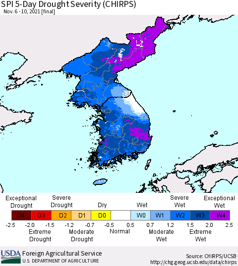 Korea SPI 5-Day Drought Severity (CHIRPS) Thematic Map For 11/6/2021 - 11/10/2021