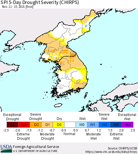 Korea SPI 5-Day Drought Severity (CHIRPS) Thematic Map For 11/11/2021 - 11/15/2021