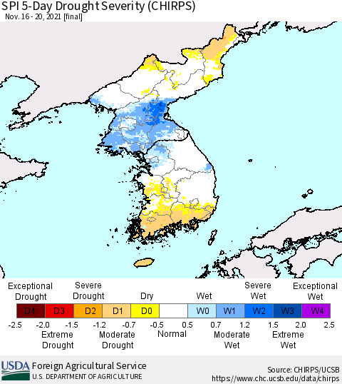 Korea SPI 5-Day Drought Severity (CHIRPS) Thematic Map For 11/16/2021 - 11/20/2021