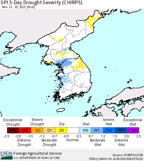 Korea SPI 5-Day Drought Severity (CHIRPS) Thematic Map For 11/21/2021 - 11/25/2021