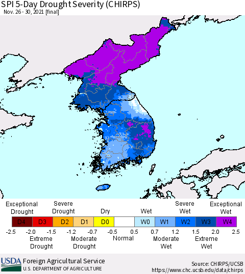 Korea SPI 5-Day Drought Severity (CHIRPS) Thematic Map For 11/26/2021 - 11/30/2021