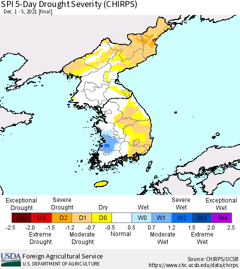 Korea SPI 5-Day Drought Severity (CHIRPS) Thematic Map For 12/1/2021 - 12/5/2021