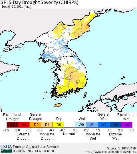 Korea SPI 5-Day Drought Severity (CHIRPS) Thematic Map For 12/6/2021 - 12/10/2021