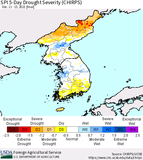 Korea SPI 5-Day Drought Severity (CHIRPS) Thematic Map For 12/11/2021 - 12/15/2021
