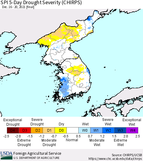 Korea SPI 5-Day Drought Severity (CHIRPS) Thematic Map For 12/16/2021 - 12/20/2021