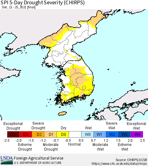 Korea SPI 5-Day Drought Severity (CHIRPS) Thematic Map For 12/21/2021 - 12/25/2021