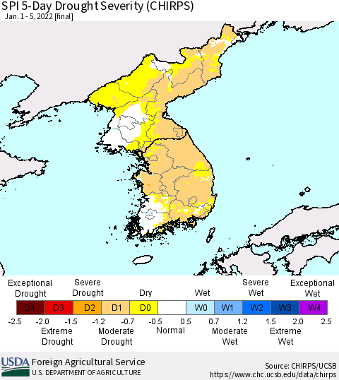 Korea SPI 5-Day Drought Severity (CHIRPS) Thematic Map For 1/1/2022 - 1/5/2022