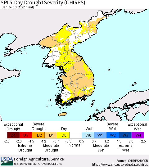 Korea SPI 5-Day Drought Severity (CHIRPS) Thematic Map For 1/6/2022 - 1/10/2022