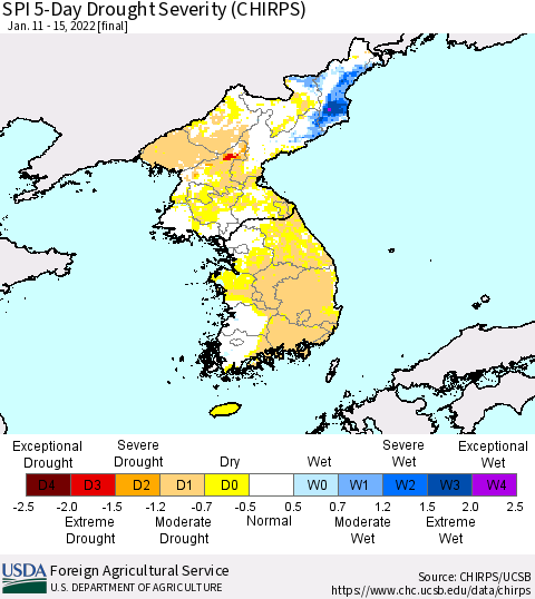 Korea SPI 5-Day Drought Severity (CHIRPS) Thematic Map For 1/11/2022 - 1/15/2022