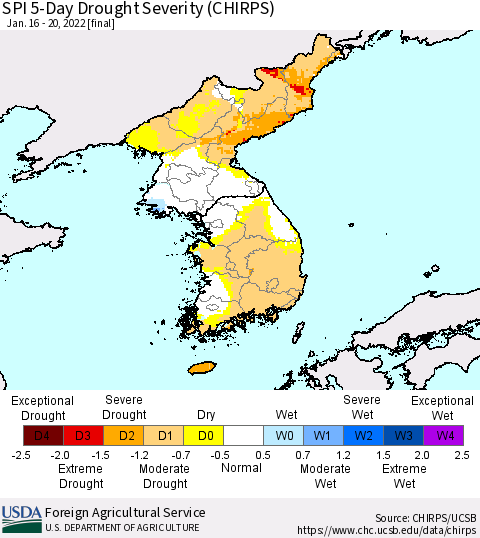 Korea SPI 5-Day Drought Severity (CHIRPS) Thematic Map For 1/16/2022 - 1/20/2022