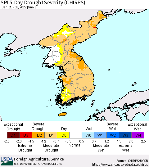 Korea SPI 5-Day Drought Severity (CHIRPS) Thematic Map For 1/26/2022 - 1/31/2022
