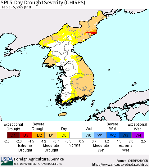 Korea SPI 5-Day Drought Severity (CHIRPS) Thematic Map For 2/1/2022 - 2/5/2022