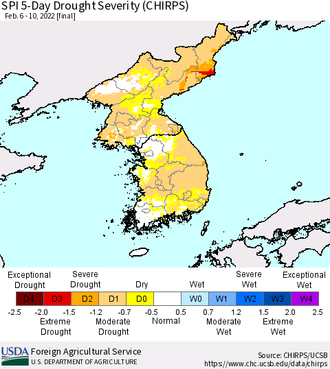 Korea SPI 5-Day Drought Severity (CHIRPS) Thematic Map For 2/6/2022 - 2/10/2022
