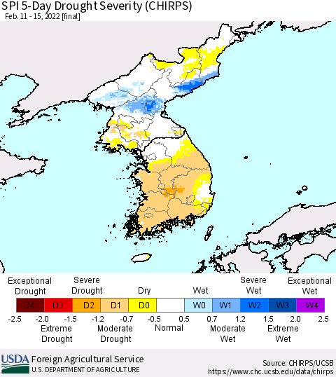 Korea SPI 5-Day Drought Severity (CHIRPS) Thematic Map For 2/11/2022 - 2/15/2022