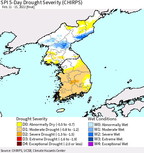 Korea SPI 5-Day Drought Severity (CHIRPS) Thematic Map For 2/11/2022 - 2/15/2022