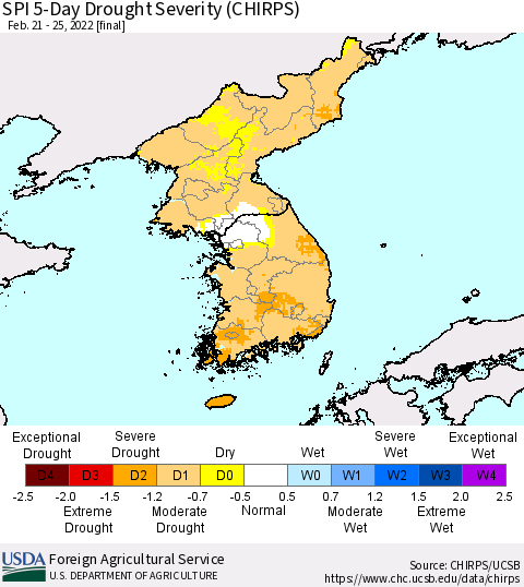 Korea SPI 5-Day Drought Severity (CHIRPS) Thematic Map For 2/21/2022 - 2/25/2022