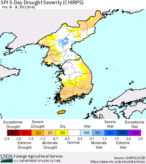 Korea SPI 5-Day Drought Severity (CHIRPS) Thematic Map For 2/26/2022 - 2/28/2022