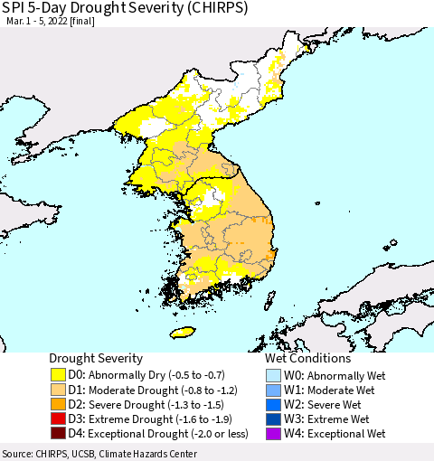 Korea SPI 5-Day Drought Severity (CHIRPS) Thematic Map For 3/1/2022 - 3/5/2022