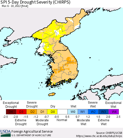 Korea SPI 5-Day Drought Severity (CHIRPS) Thematic Map For 3/6/2022 - 3/10/2022