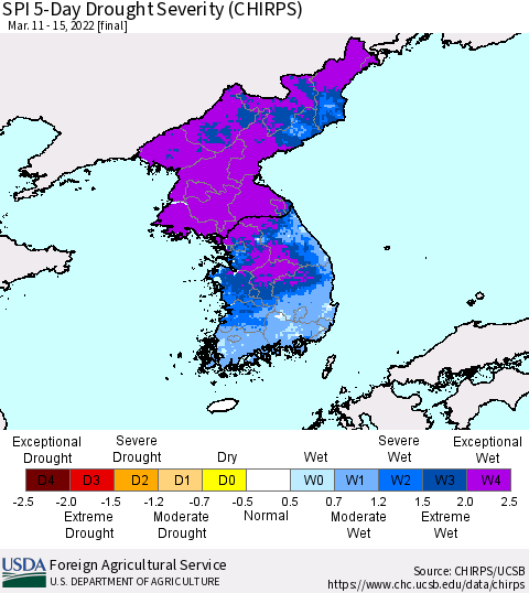 Korea SPI 5-Day Drought Severity (CHIRPS) Thematic Map For 3/11/2022 - 3/15/2022