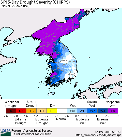 Korea SPI 5-Day Drought Severity (CHIRPS) Thematic Map For 3/21/2022 - 3/25/2022