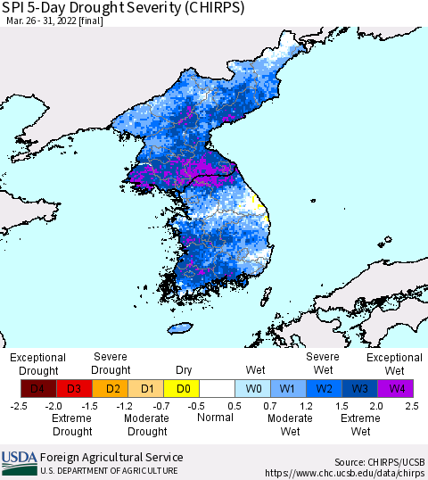 Korea SPI 5-Day Drought Severity (CHIRPS) Thematic Map For 3/26/2022 - 3/31/2022