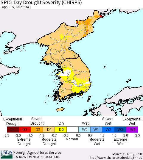 Korea SPI 5-Day Drought Severity (CHIRPS) Thematic Map For 4/1/2022 - 4/5/2022