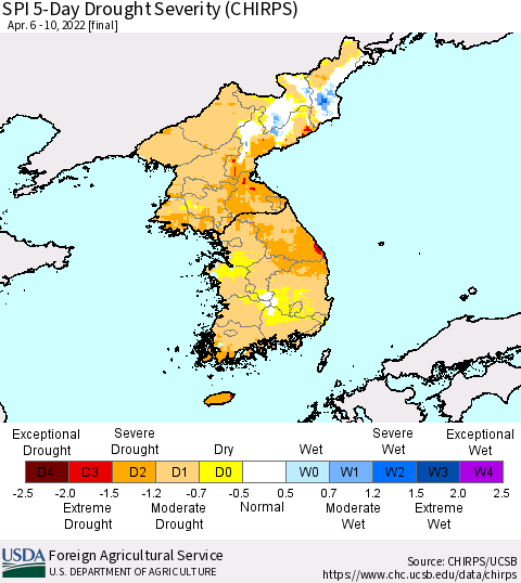 Korea SPI 5-Day Drought Severity (CHIRPS) Thematic Map For 4/6/2022 - 4/10/2022