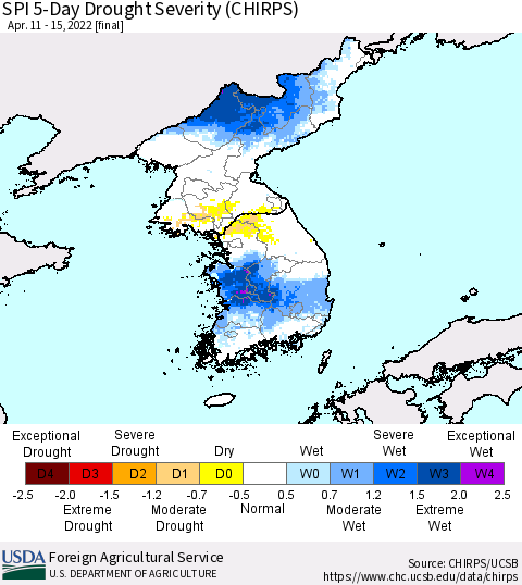 Korea SPI 5-Day Drought Severity (CHIRPS) Thematic Map For 4/11/2022 - 4/15/2022