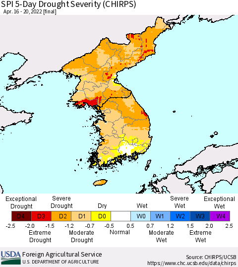 Korea SPI 5-Day Drought Severity (CHIRPS) Thematic Map For 4/16/2022 - 4/20/2022