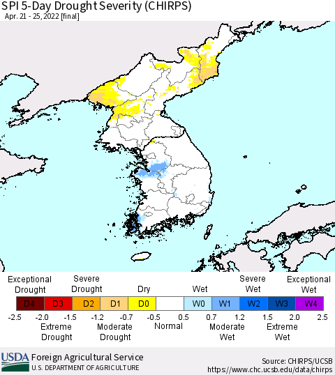 Korea SPI 5-Day Drought Severity (CHIRPS) Thematic Map For 4/21/2022 - 4/25/2022