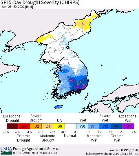Korea SPI 5-Day Drought Severity (CHIRPS) Thematic Map For 4/26/2022 - 4/30/2022