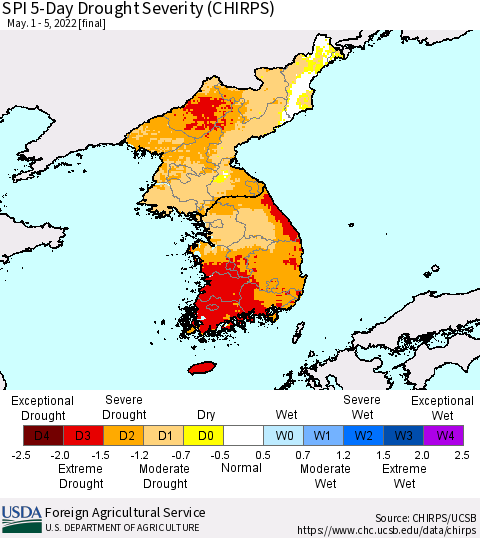 Korea SPI 5-Day Drought Severity (CHIRPS) Thematic Map For 5/1/2022 - 5/5/2022