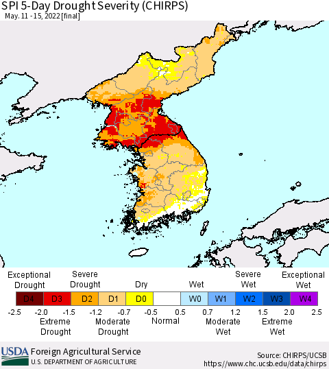 Korea SPI 5-Day Drought Severity (CHIRPS) Thematic Map For 5/11/2022 - 5/15/2022