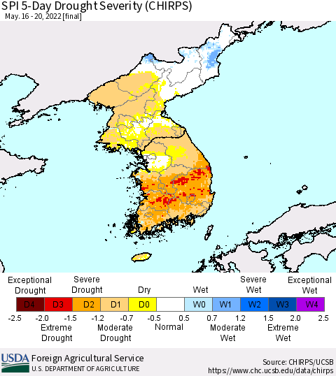 Korea SPI 5-Day Drought Severity (CHIRPS) Thematic Map For 5/16/2022 - 5/20/2022