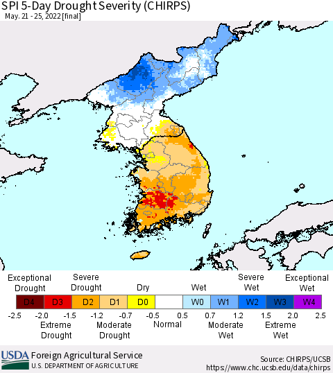 Korea SPI 5-Day Drought Severity (CHIRPS) Thematic Map For 5/21/2022 - 5/25/2022