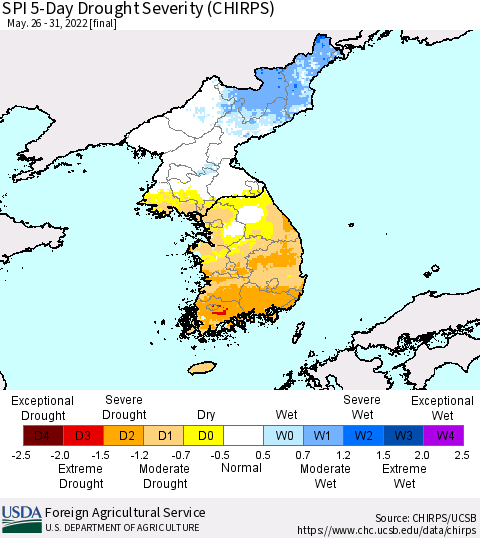 Korea SPI 5-Day Drought Severity (CHIRPS) Thematic Map For 5/26/2022 - 5/31/2022
